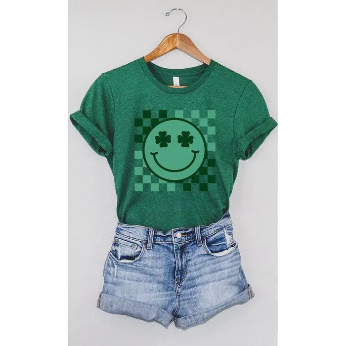 Checkered Clover Smiley St Patricks Graphic Tee