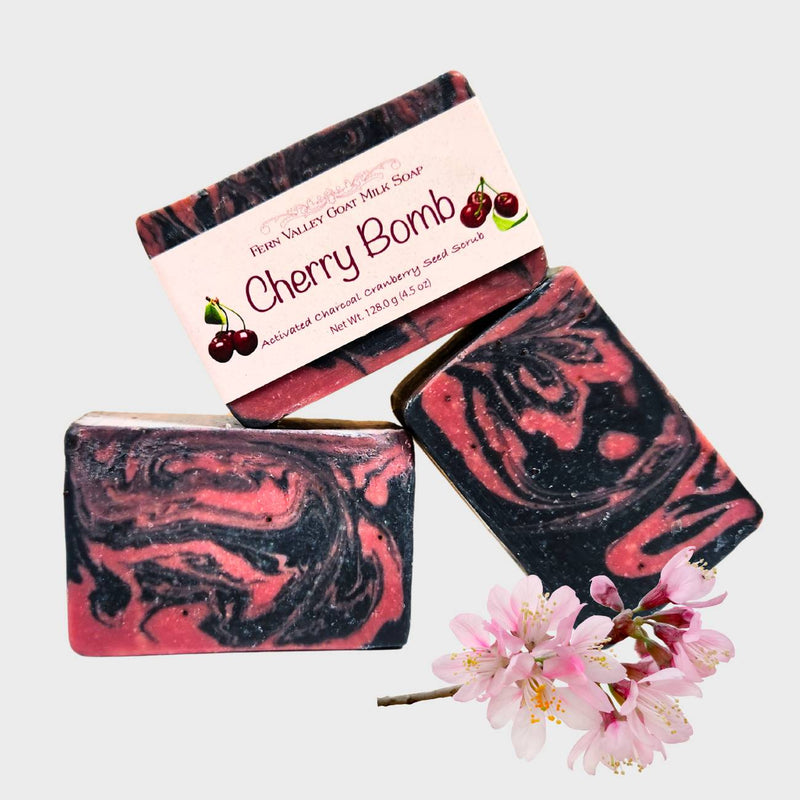 Fern Valley Soap Natural Goat Milk Soap | Charcoal and Cranberry Seed Scrub | Cherry Bomb Goat Milk Soap