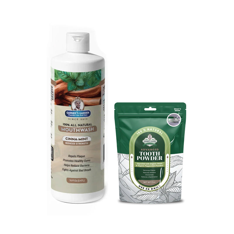 Garner's Garden Natural Mouthwash and Tooth Powder | H2O2 | Antibacterial Fluoride-Free Mouthwash White Smoke 16 oz Reduced Cinnamint Mouthwash / 2oz Organic Tooth Powder