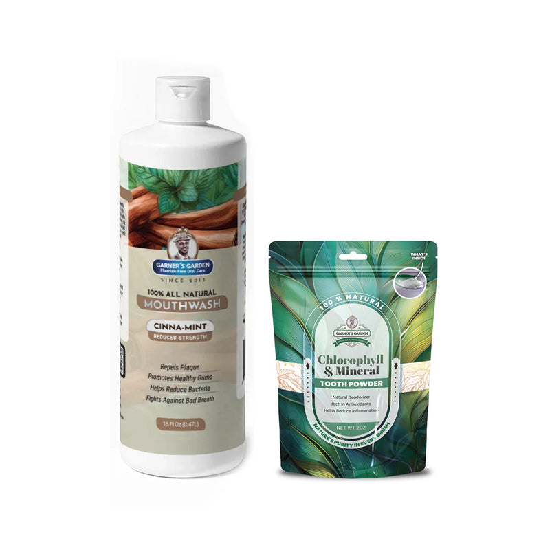 Garner's Garden Natural Mouthwash and Tooth Powder | H2O2 | Antibacterial Fluoride-Free Mouthwash White Smoke 16 oz Reduced Cinnamint Mouthwash / 2oz Chlorophyll Tooth Powder