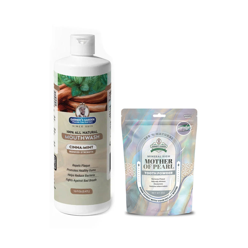 Garner's Garden Natural Mouthwash and Tooth Powder | H2O2 | Antibacterial Fluoride-Free Mouthwash White Smoke 16 oz Reduced Cinnamint Mouthwash / 2oz Mother of Pearl Tooth Powder