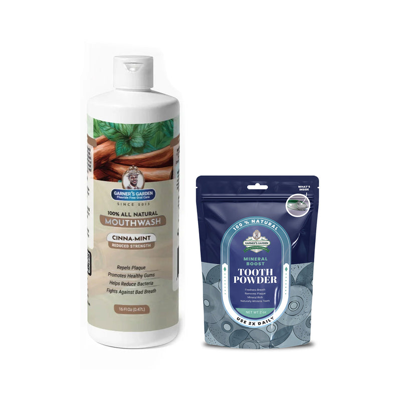 Garner's Garden Natural Mouthwash and Tooth Powder | H2O2 | Antibacterial Fluoride-Free Mouthwash White Smoke 16 oz Reduced Cinnamint Mouthwash / 2 oz Regular Tooth Powder