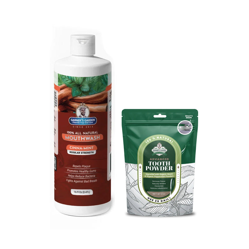 Garner's Garden Natural Mouthwash and Tooth Powder | H2O2 | Antibacterial Fluoride-Free Mouthwash White Smoke 16 oz Regular Cinnamint Mouthwash / 2oz Organic Tooth Powder