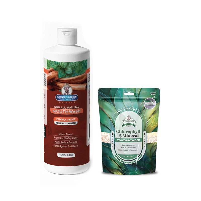 Garner's Garden Natural Mouthwash and Tooth Powder | H2O2 | Antibacterial Fluoride-Free Mouthwash White Smoke 16 oz Regular Cinnamint Mouthwash / 2oz Chlorophyll Tooth Powder