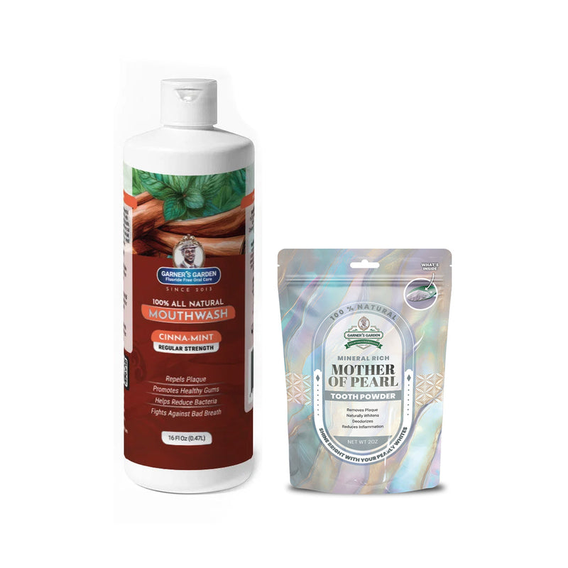 Garner's Garden Natural Mouthwash and Tooth Powder | H2O2 | Antibacterial Fluoride-Free Mouthwash White Smoke 16 oz Regular Cinnamint Mouthwash / 2oz Mother of Pearl Tooth Powder
