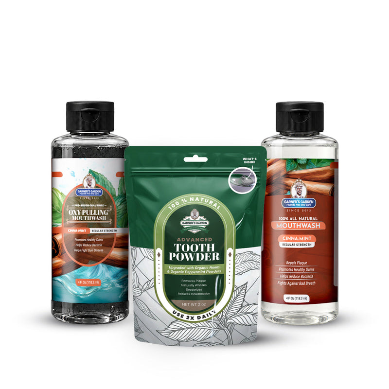 Garner's Garden Travel Sized Oral Care Trio | Trio | H2O2 | Fluoride Free Oral Care White Smoke Cinnamint / 4oz Rinses / Regular Strength + 2oz Organic Tooth Powder
