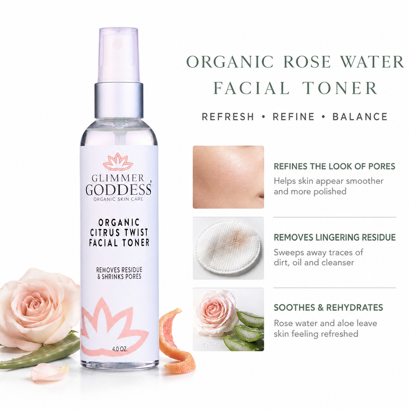 Glimmer Goddess® Organic Skin Care Organic Rose Water Facial Toner – Citrus Twist Toner with Witch Hazel & Aloe for Pore Tightening Cleansers & Scrubs White Smoke