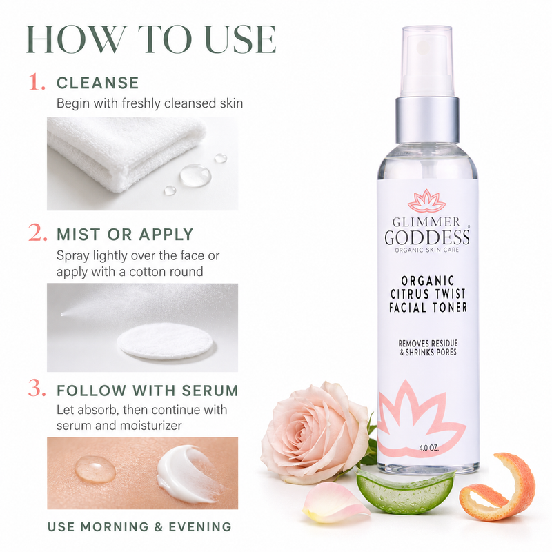 Glimmer Goddess® Organic Skin Care Organic Rose Water Facial Toner – Citrus Twist Toner with Witch Hazel & Aloe for Pore Tightening Cleansers & Scrubs White Smoke