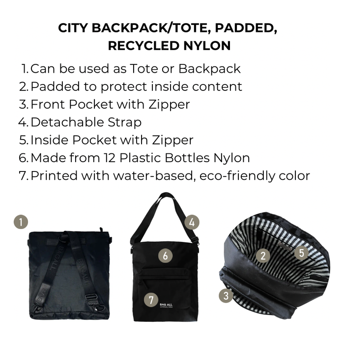 Bag-All - City Backpack/Tote, Padded, Recycled Nylon, Black, New York