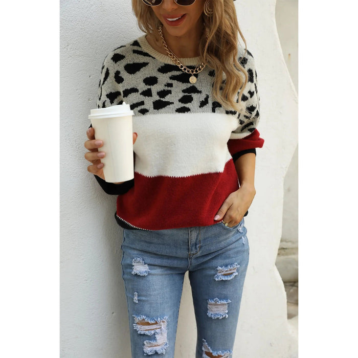 Color Block Round Neck Lantern Sleeve Leopard Color Sweater