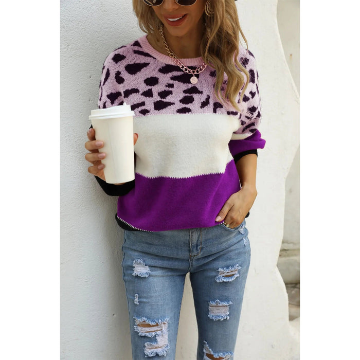 Color Block Round Neck Lantern Sleeve Leopard Color Sweater