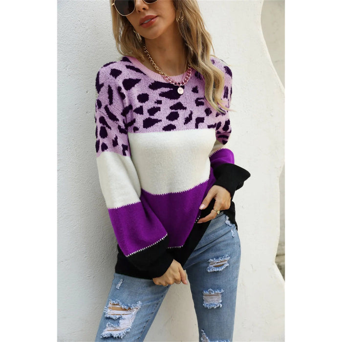 Color Block Round Neck Lantern Sleeve Leopard Color Sweater