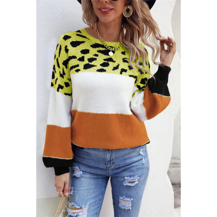 Color Block Round Neck Lantern Sleeve Leopard Color Sweater