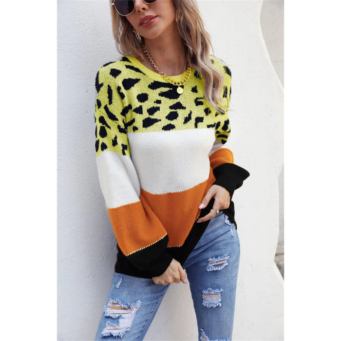 Color Block Round Neck Lantern Sleeve Leopard Color Sweater