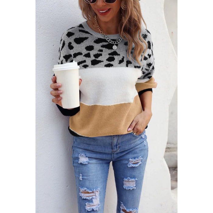 Color Block Round Neck Lantern Sleeve Leopard Color Sweater