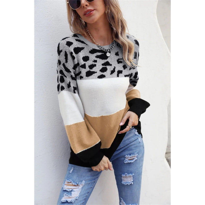 Color Block Round Neck Lantern Sleeve Leopard Color Sweater