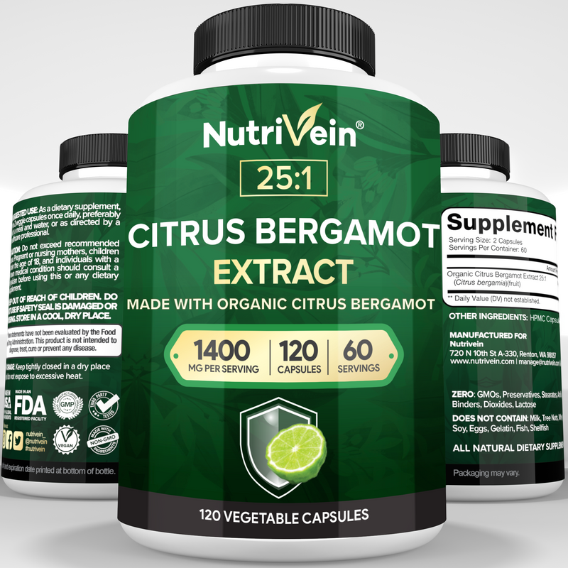 Nutrivein Organic Citrus Bergamot 25:1 Bergamia Extract 1400 mg - 120 Capsules