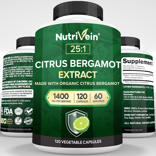 Nutrivein Organic Citrus Bergamot 25:1 Bergamia Extract 1400 mg - 120 Capsules