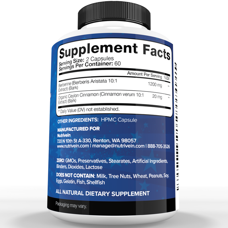 Nutrivein Berberine Plus Organic Ceylon Cinnamon - 120 Capsules GR-4L51-YC9A