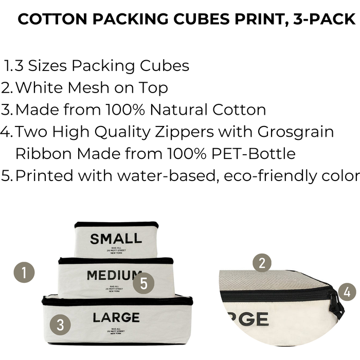 Bag-All - Cotton Packing Cubes, Print, 3-Pack Cream