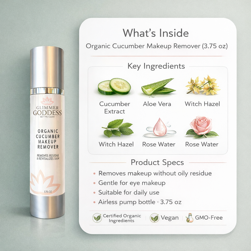 Glimmer Goddess® Organic Skin Care Organic Cucumber Makeup Remover – No Oily Residue Cleansers & Scrubs