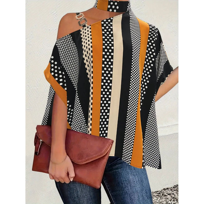 Cutout Color Block Mock Neck Blouse