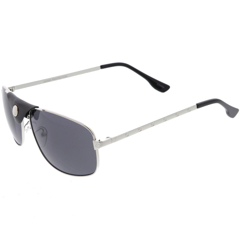 zeroUV Button Snap Vegan Leather Strap Metal Crossbar Square Aviator Sunglasses D065 Sunglasses