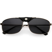 zeroUV Button Snap Vegan Leather Strap Metal Crossbar Square Aviator Sunglasses D065 Sunglasses