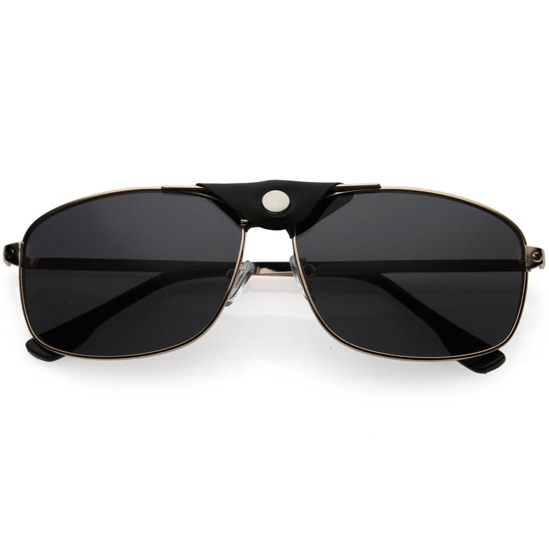 zeroUV Button Snap Vegan Leather Strap Metal Crossbar Square Aviator Sunglasses D065 Sunglasses