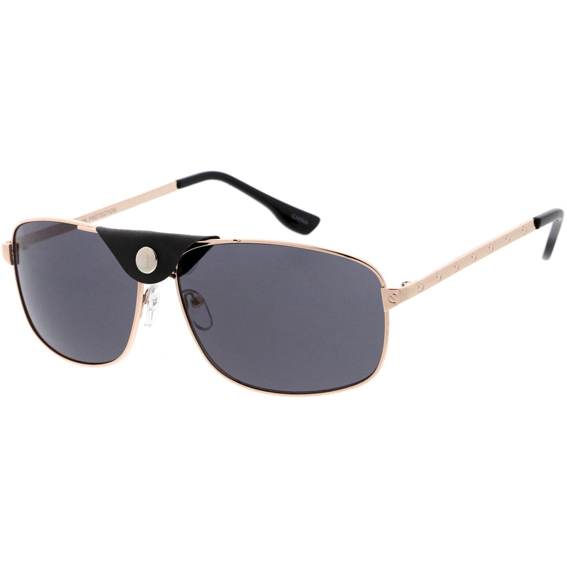 zeroUV Button Snap Vegan Leather Strap Metal Crossbar Square Aviator Sunglasses D065 Sunglasses