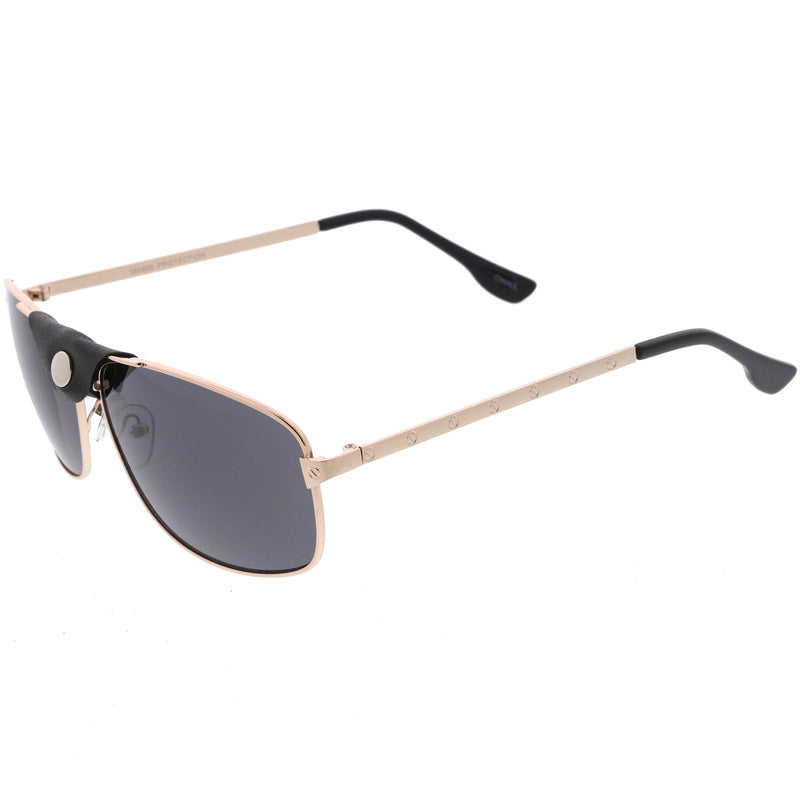zeroUV Button Snap Vegan Leather Strap Metal Crossbar Square Aviator Sunglasses D065 Sunglasses