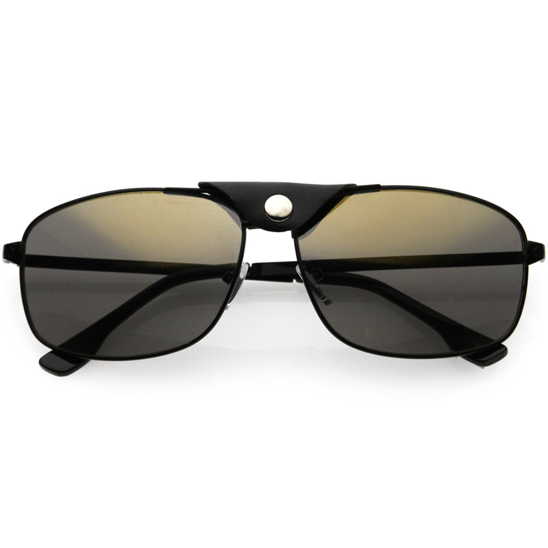 zeroUV Button Snap Vegan Leather Strap Metal Crossbar Square Aviator Sunglasses D065 Sunglasses