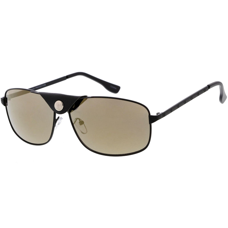 zeroUV Button Snap Vegan Leather Strap Metal Crossbar Square Aviator Sunglasses D065 Sunglasses