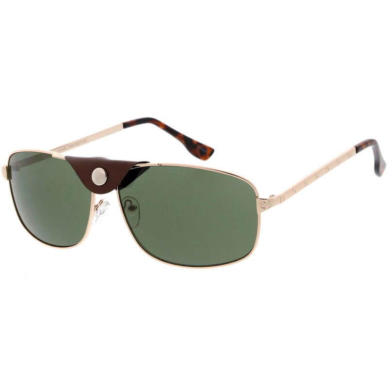 zeroUV Button Snap Vegan Leather Strap Metal Crossbar Square Aviator Sunglasses D065 Sunglasses