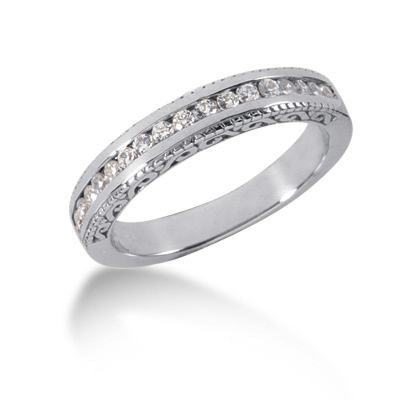 Bids.com 14k White Gold Vintage Style Engraved Diamond Channel Set Wedding Ring Band Rings