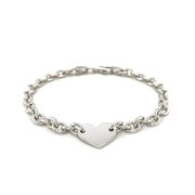 Bids.com Sterling Silver Rhodium Plated Chain Bracelet with a Flat Heart Station Bracelets