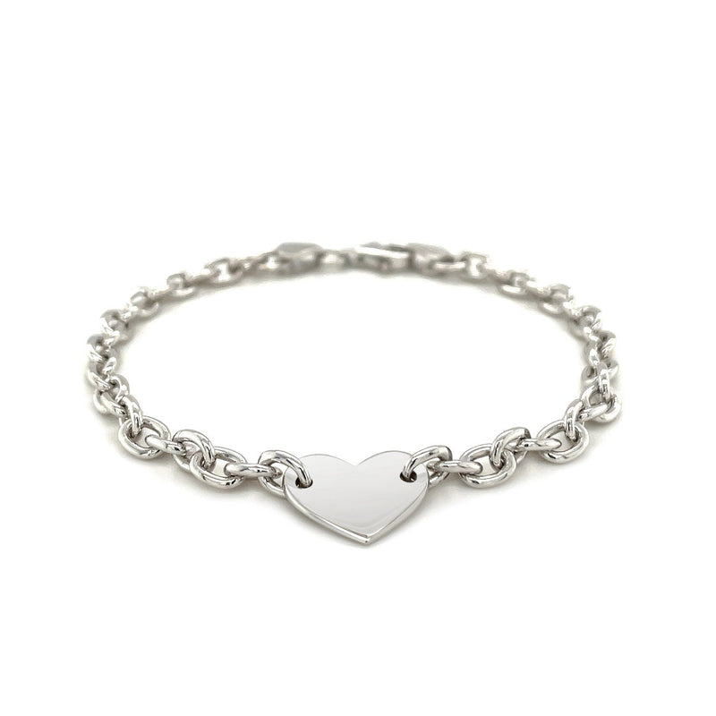 Bids.com Sterling Silver Rhodium Plated Chain Bracelet with a Flat Heart Station Bracelets