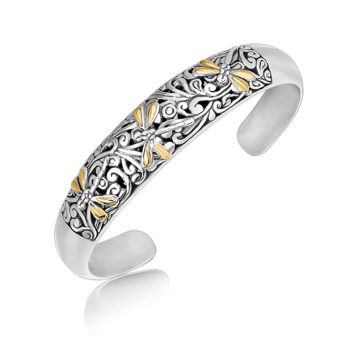 Bids.com 18k Yellow Gold and Sterling Silver Cuff with Dragonfly and Flourishes Bracelets White Smoke Yellow Gold & Sterling Silver