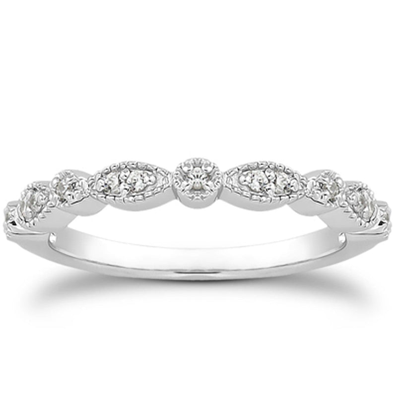 Bids.com 14k White Gold Vintage Look Fancy Pave Diamond Milgrain Wedding Ring Band Rings