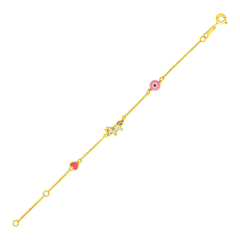 Bids.com 14k Yellow Gold 5 1/2 inch Childrens Bracelet with Enameled Heart Unicorn and Circle Bracelets