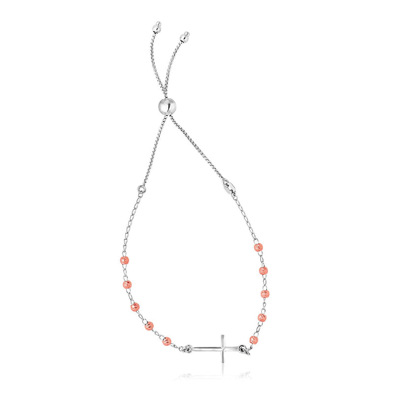 Bids.com Sterling Silver White and Rose Finish Adjustable Bracelet with Cross Bracelets