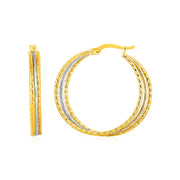 Bids.com Three Part Textured Hoop Earrings in 14k Yellow and White Gold Earrings