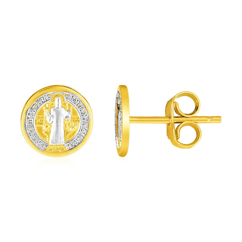 Bids.com 14k Two Tone Gold Round Religious Medal Post Earrings Earrings
