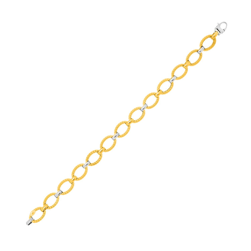 Bids.com 14k Two-Tone Gold Chain Bracelet with Textured Oval Links Bracelets