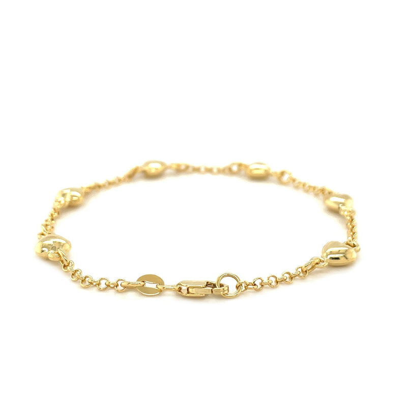 Bids.com 14k Yellow Gold Rolo Chain Bracelet with Puffed Heart Stations Bracelets