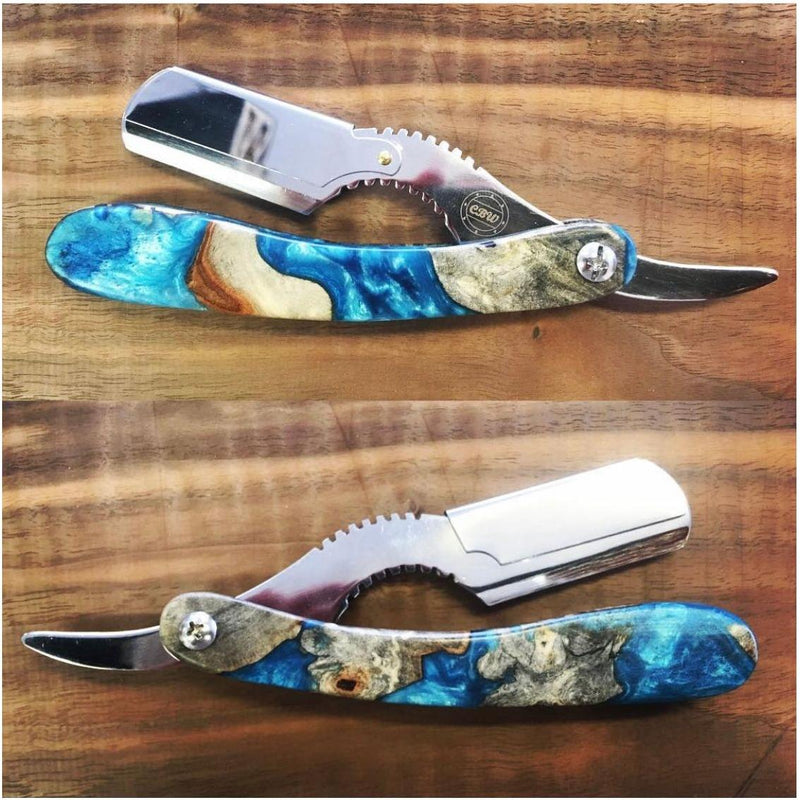CreationsByWill Buckeye burl resin hybrid shavette with heavy weight blade.