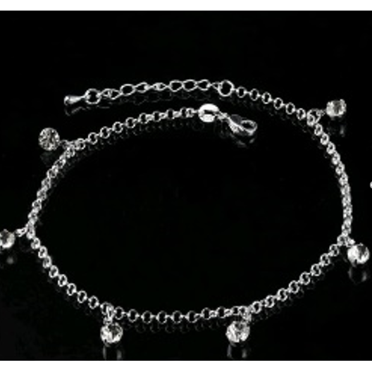 Link Anklet with Crystals in 14k White Gold