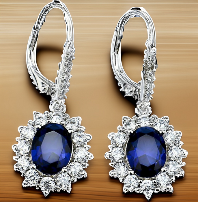 Sapphire Halo Leverback Earrings in 18K White Gold