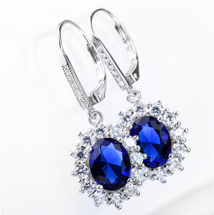 Sapphire Halo Leverback Earrings in 18K White Gold