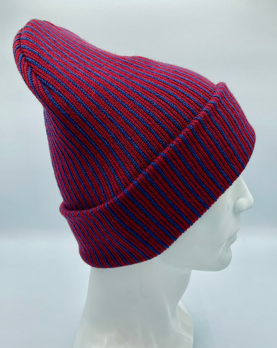 HAAKWEAR Cuffed Wide Ribbed Striped Beanie, Limited Edition, Blue/Maroon, Made in USA